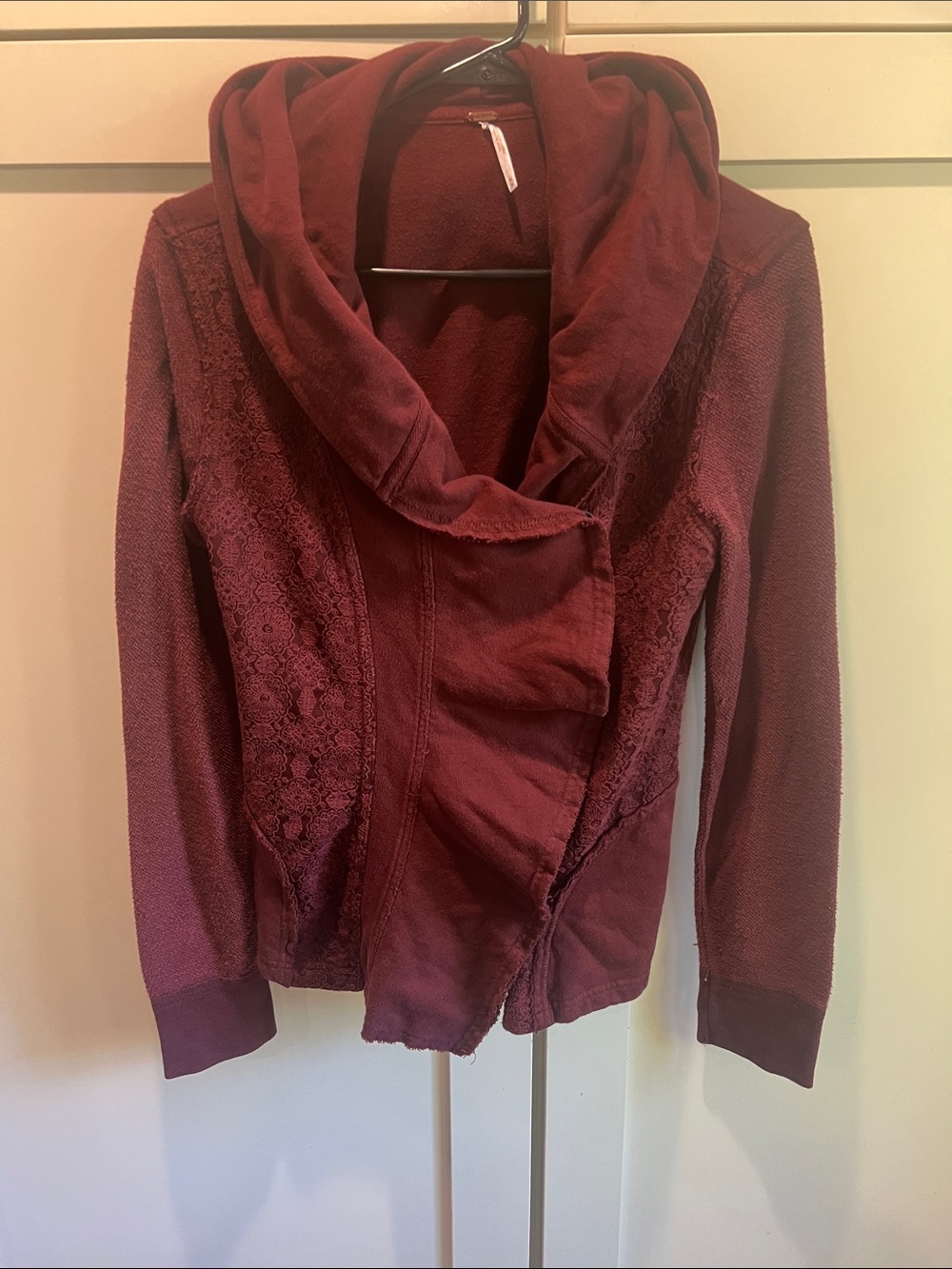 Free People Burgundy Asymmetrical Lace Hooded Jacket M